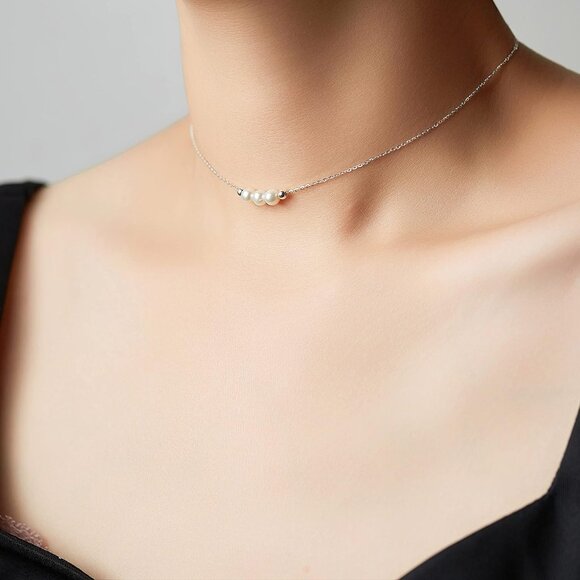 Dainty Crystal 925 Sterling Silver Choker Collar Necklace Handmade With 3 Beads - Picture 3 of 6